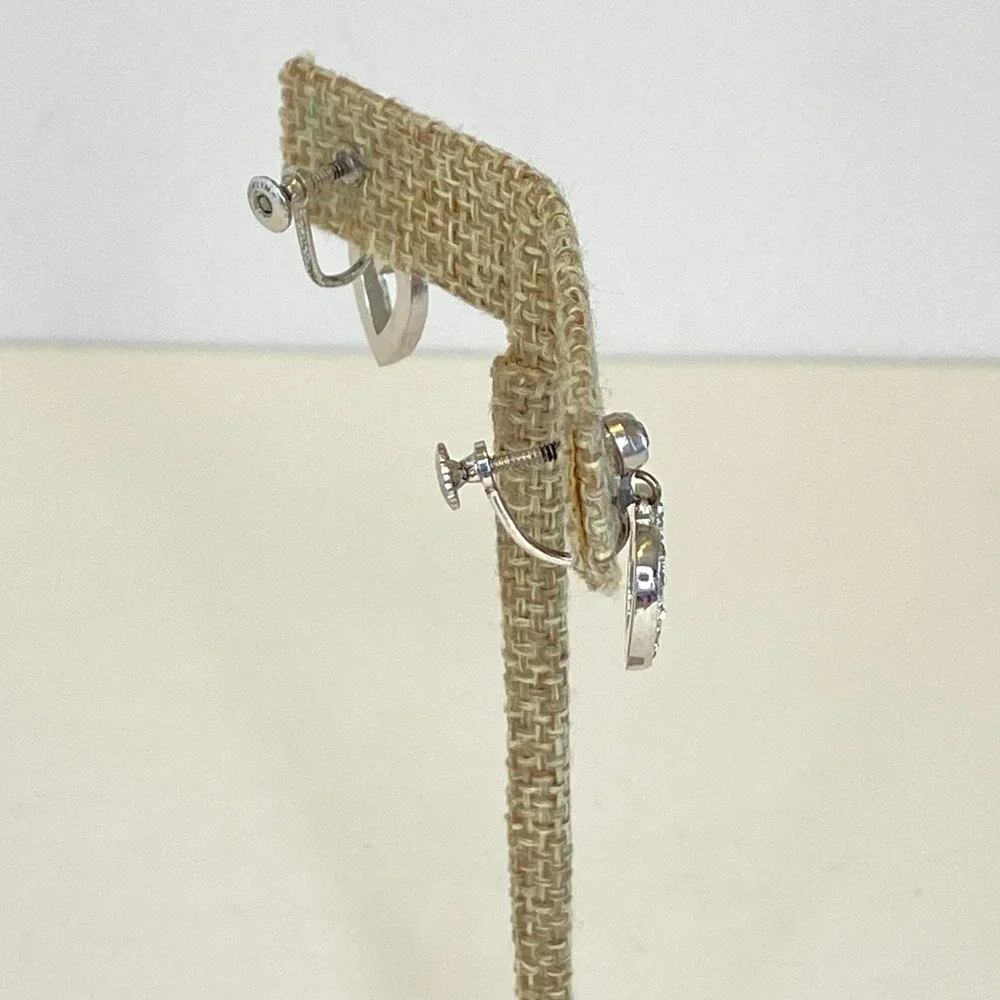 Vintage Sterling‎ Silver Rhinestone Heart Screw Back Earrings Romantic Bridal
